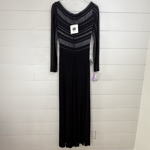 NEW VTG TADASHI Shoji Jersey Maxi Dress Evening Gown Metallic Silver Women Large - Picture 9 of 14